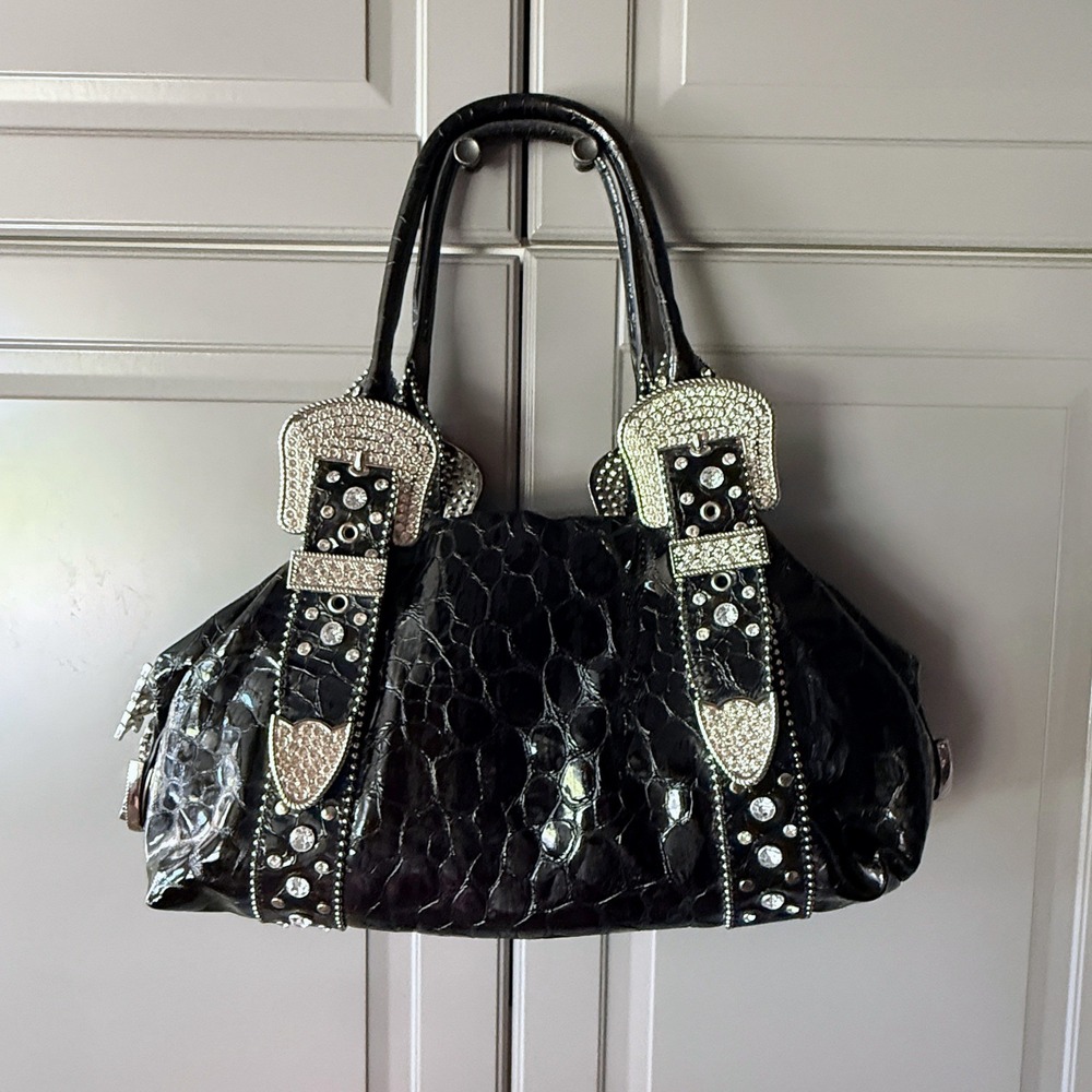 Charm and Luck Y2K Black Rhinestone Buckle Patent Croc Satchel Bag, Medium